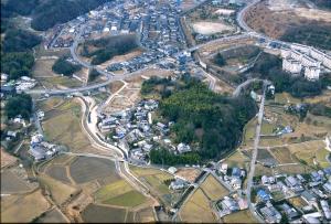 田園と集落を見渡す田原城跡の航空写真